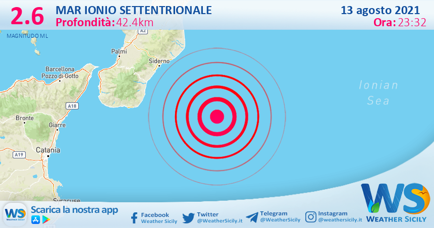 Sicilia: scossa di terremoto magnitudo 2.6 nel Mar Ionio Settentrionale (MARE)