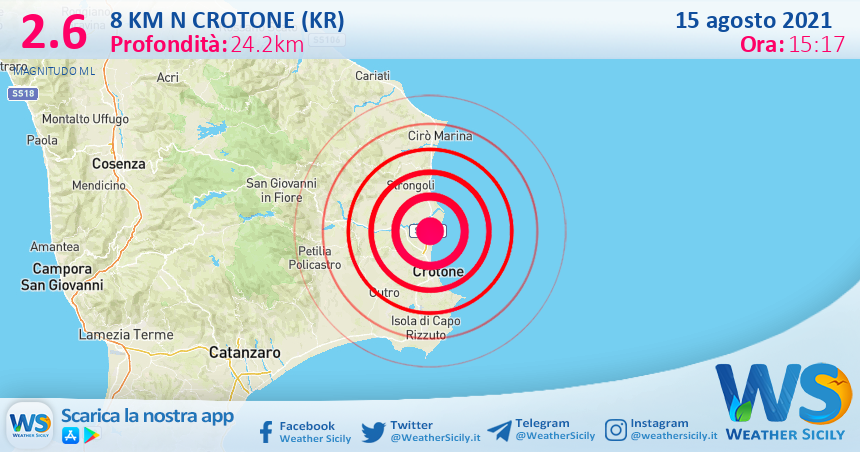 Sicilia: scossa di terremoto magnitudo 2.6 nei pressi di Crotone (KR)