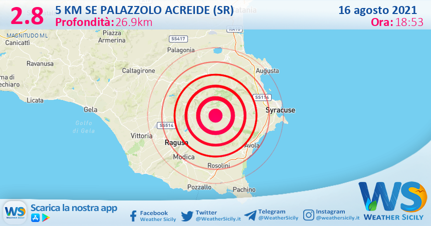 Sicilia: scossa di terremoto magnitudo 2.8 nei pressi di Palazzolo Acreide (SR)
