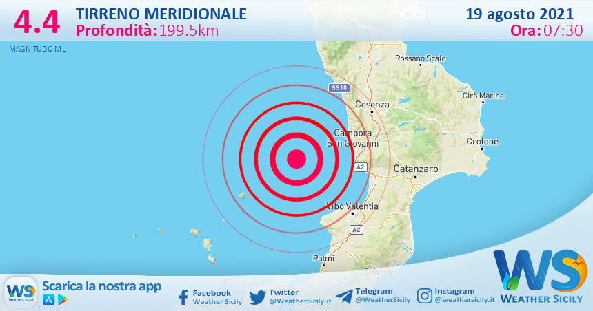 Sicilia: scossa di terremoto magnitudo 4.4 nel Tirreno Meridionale (MARE)