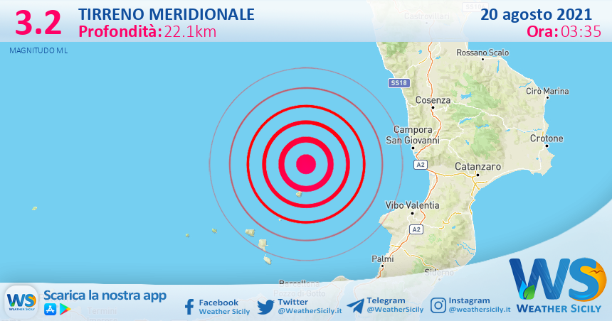 Sicilia: scossa di terremoto magnitudo 3.2 nel Tirreno Meridionale (MARE)
