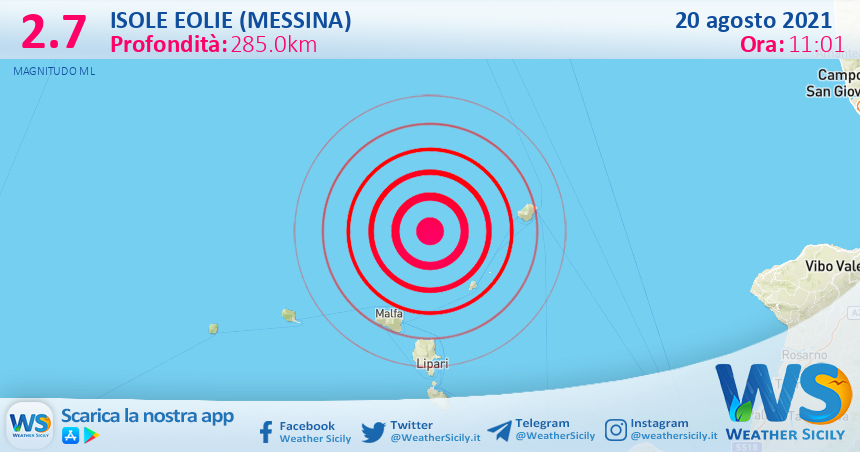 Sicilia: scossa di terremoto magnitudo 2.7 nei pressi di Isole Eolie (Messina)