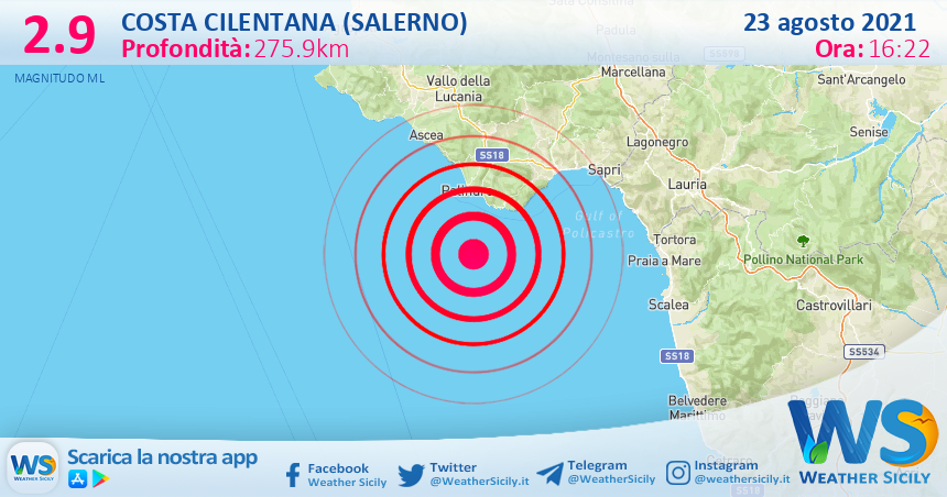 Sicilia: scossa di terremoto magnitudo 2.9 nei pressi di Costa Cilentana (Salerno)