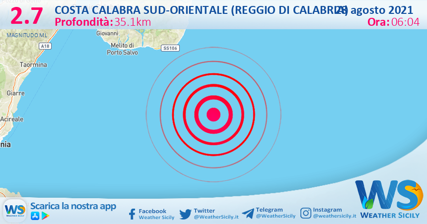 Sicilia: scossa di terremoto magnitudo 2.7 nei pressi di Costa Calabra sud-orientale (Reggio di Calabria)