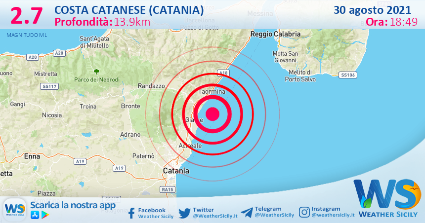 Sicilia: scossa di terremoto magnitudo 2.7 nei pressi di Costa Catanese (Catania)