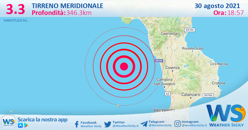 Sicilia: scossa di terremoto magnitudo 3.3 nel Tirreno Meridionale (MARE)