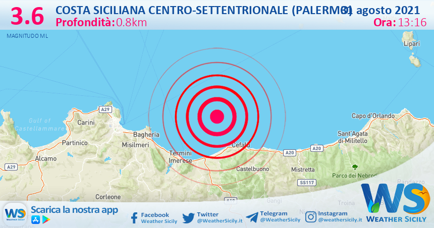 Sicilia: scossa di terremoto magnitudo 3.6 nei pressi di Costa Siciliana centro-settentrionale (Palermo)