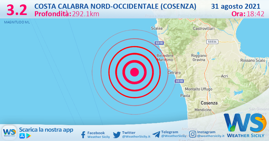 Sicilia: scossa di terremoto magnitudo 3.2 nei pressi di Costa Calabra nord-occidentale (Cosenza)