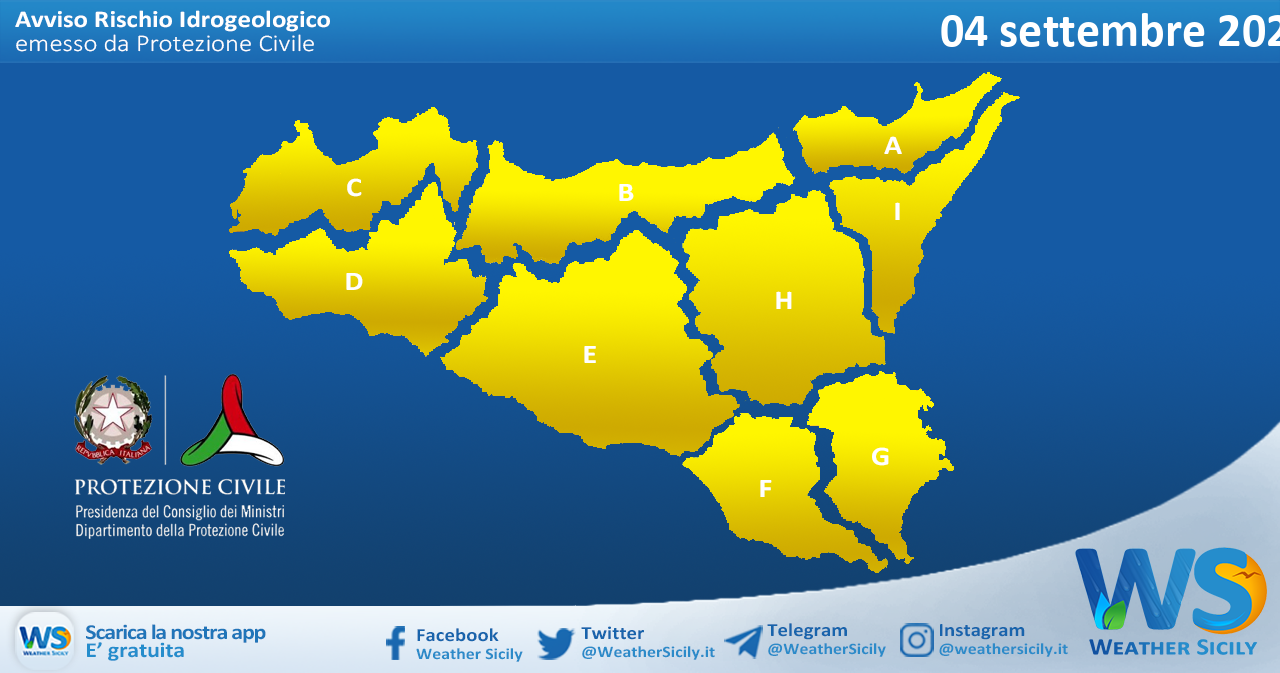 Sicilia: avviso rischio idrogeologico per sabato 04 settembre 2021