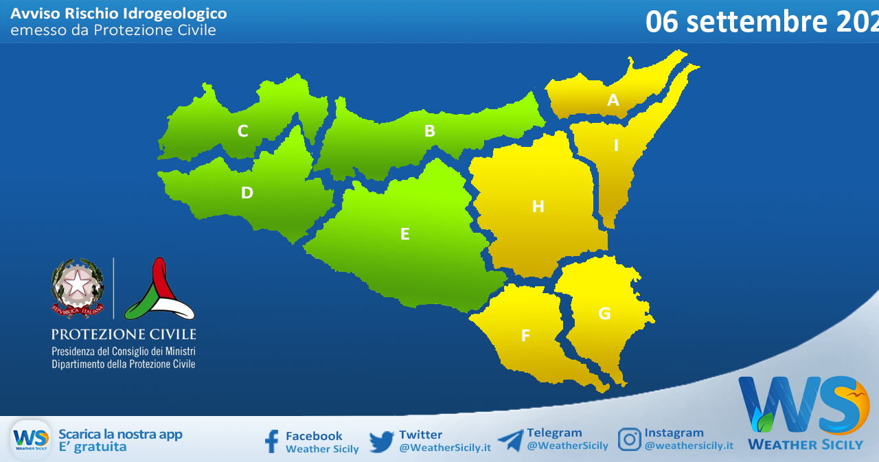 Sicilia: avviso rischio idrogeologico per lunedì 06 settembre 2021