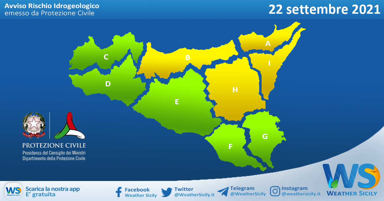 Emessa allerta meteo gialla su parte della Sicilia per mercoledì 22 settembre 2021