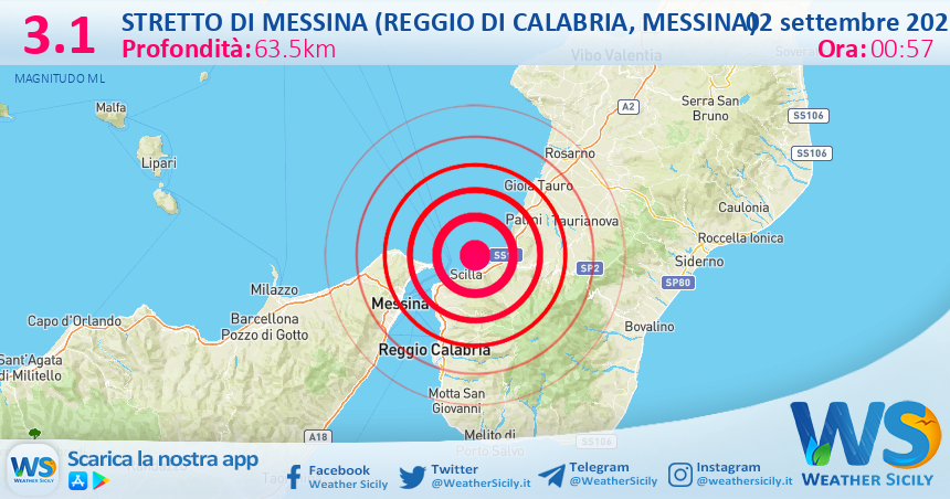 Sicilia: scossa di terremoto magnitudo 3.1 nei pressi di Stretto di Messina (Reggio di Calabria, Messina)