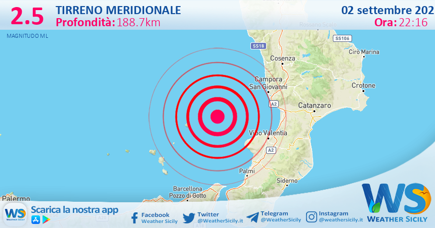 Sicilia: scossa di terremoto magnitudo 2.5 nel Tirreno Meridionale (MARE)
