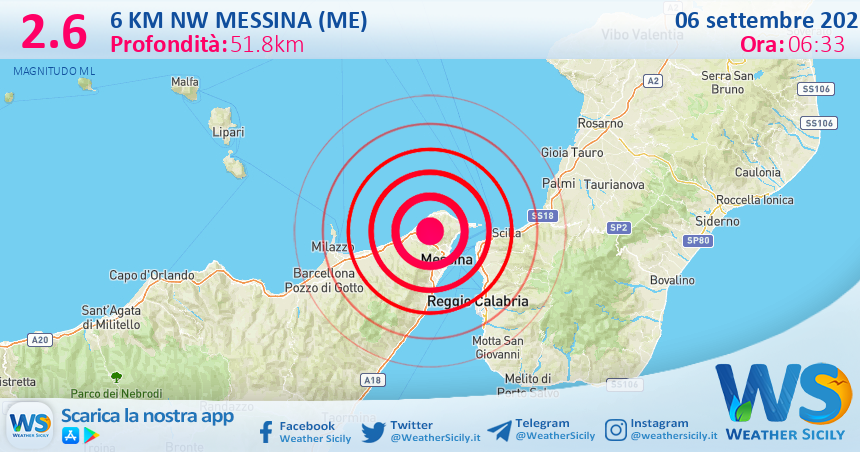 Sicilia: scossa di terremoto magnitudo 2.6 nei pressi di Messina (ME)