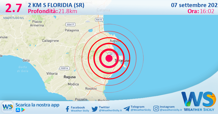 Sicilia: scossa di terremoto magnitudo 2.7 nei pressi di Floridia (SR)