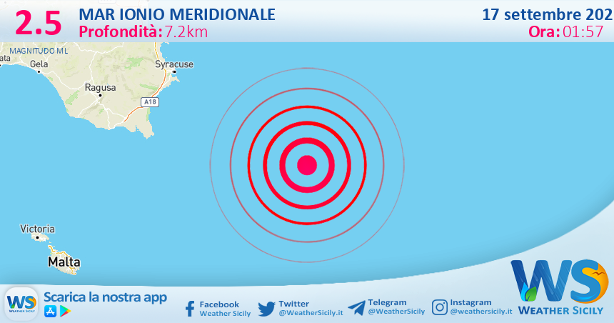 Sicilia: scossa di terremoto magnitudo 2.5 nel Mar Ionio Meridionale (MARE)