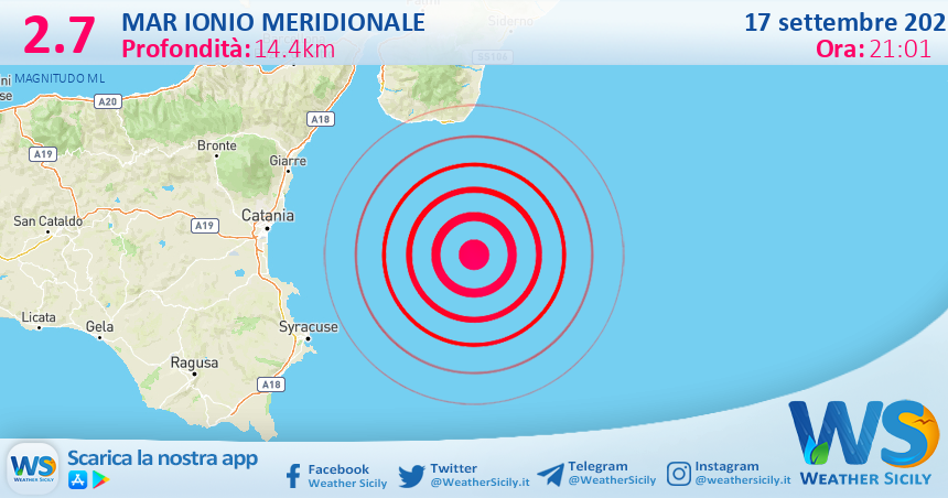 Sicilia: scossa di terremoto magnitudo 2.7 nel Mar Ionio Meridionale (MARE)