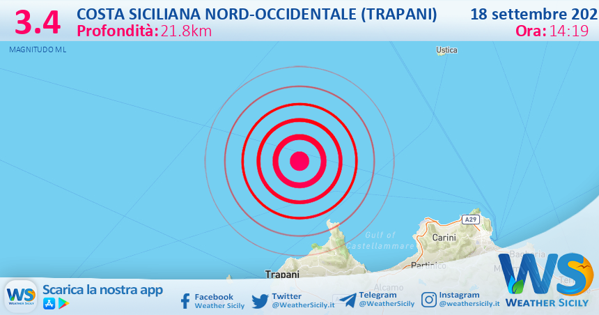 Sicilia: scossa di terremoto magnitudo 3.4 nei pressi di Costa Siciliana nord-occidentale (Trapani)