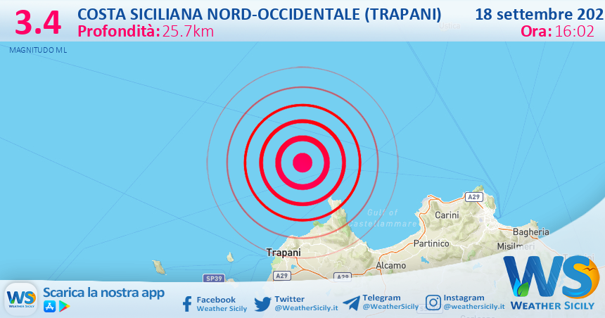 Sicilia: scossa di terremoto magnitudo 3.4 nei pressi di Costa Siciliana nord-occidentale (Trapani)