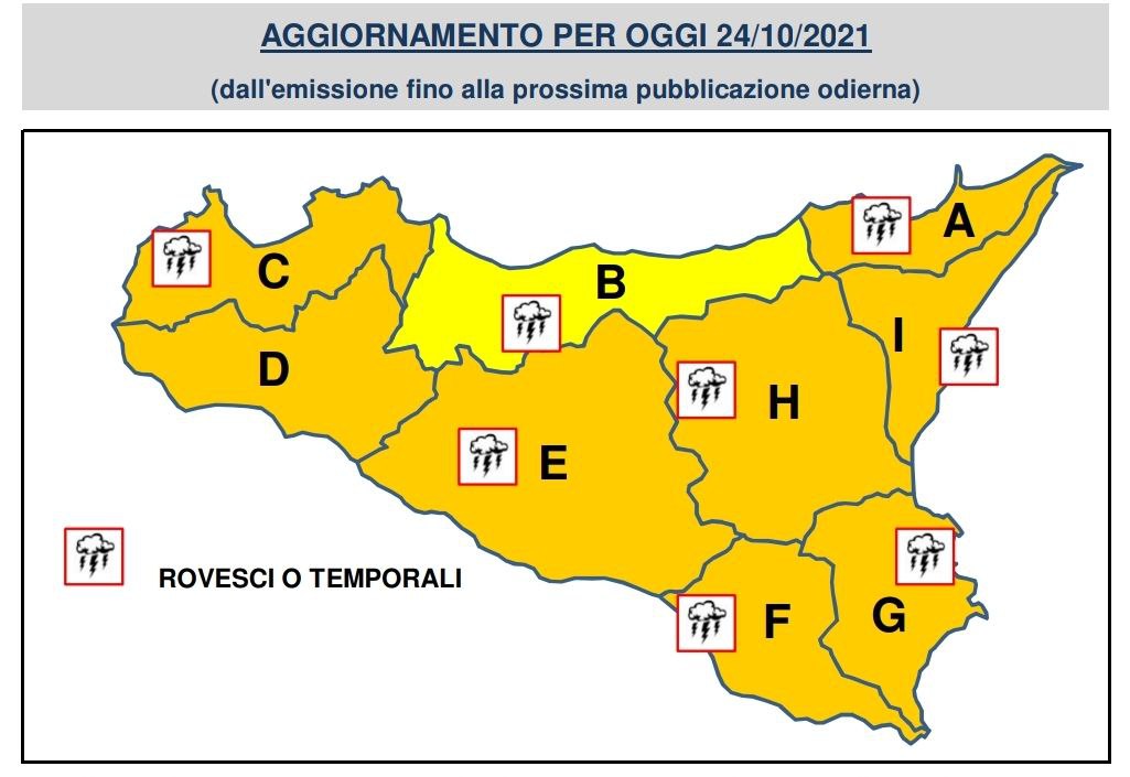 Sicilia: La Protezione Civile lancia nuova allerta meteo per domenica 24 ottobre 2021.