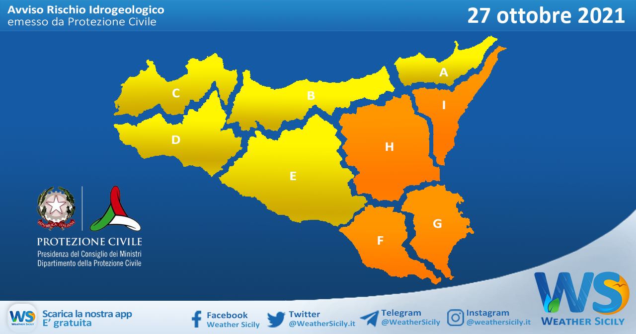 Sicilia: avviso rischio idrogeologico per mercoledì 27 ottobre 2021