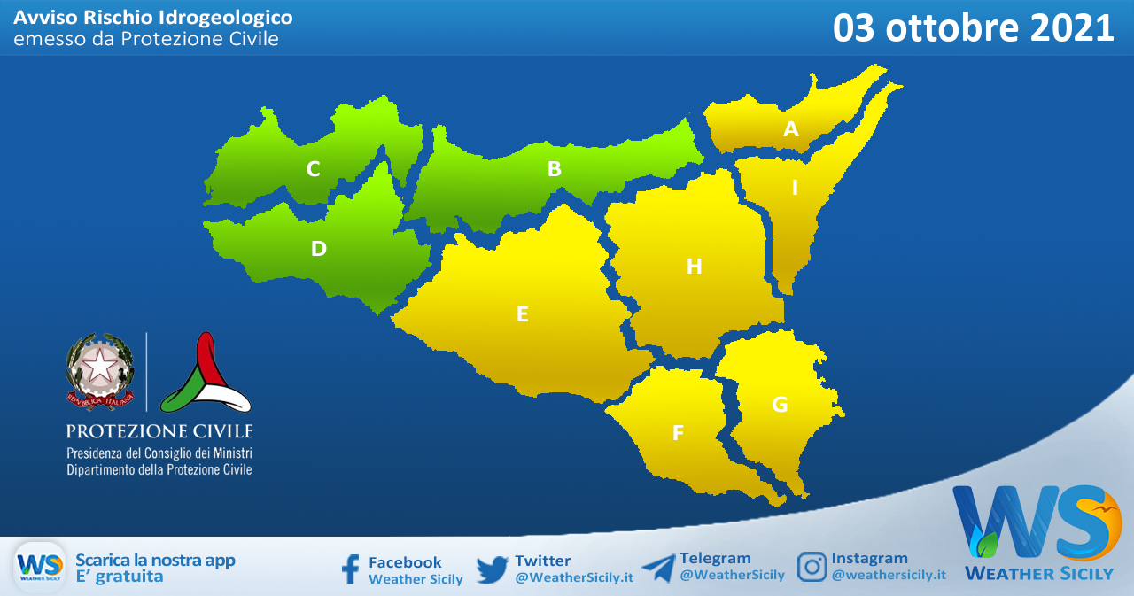 Sicilia: avviso rischio idrogeologico per domenica 03 ottobre 2021