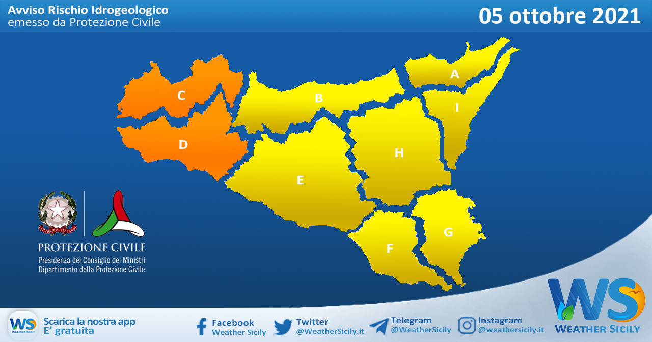 Emessa allerta Meteo arancione su Sicilia occidentale per martedì 05 ottobre 2021. Gialla altrove.