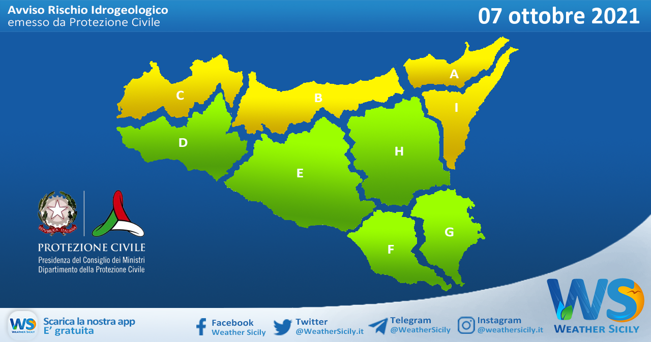 Sicilia: avviso rischio idrogeologico per giovedì 07 ottobre 2021