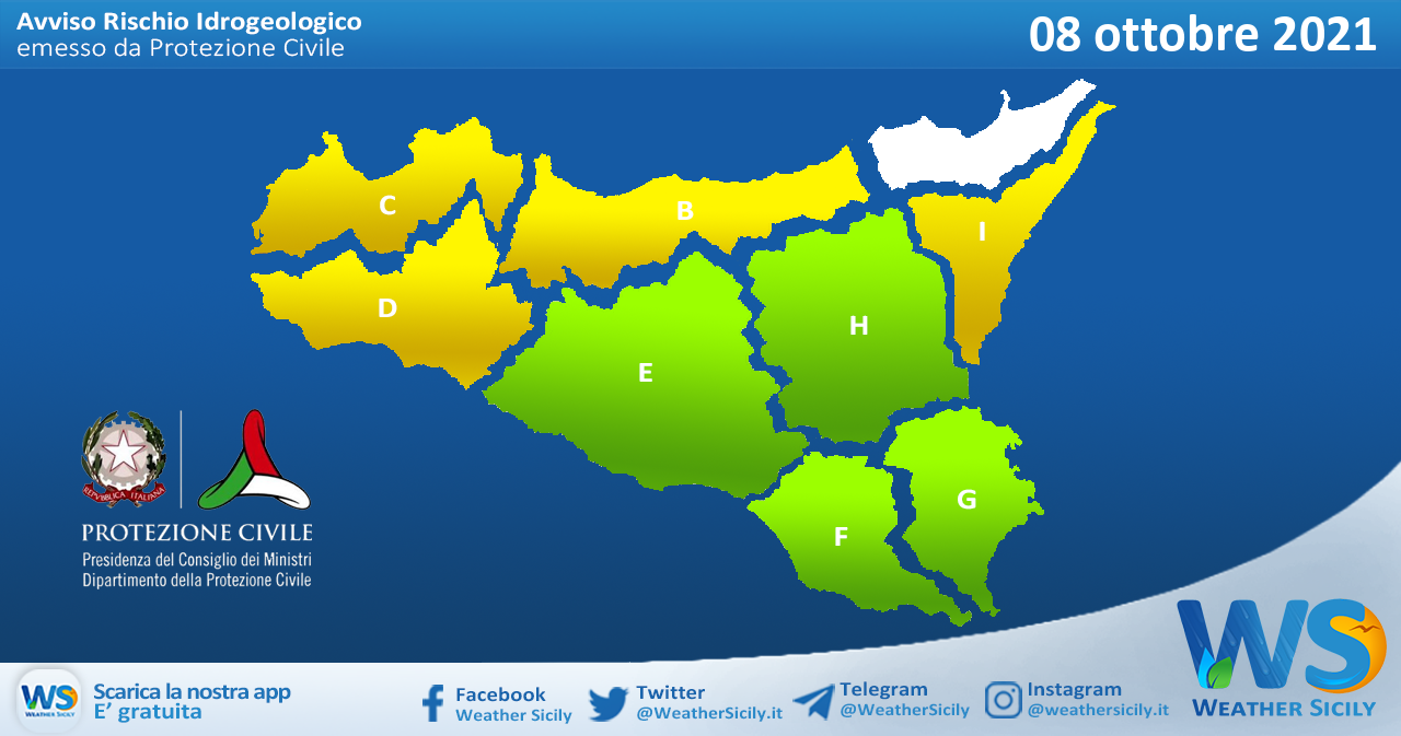 Sicilia: avviso rischio idrogeologico per venerdì 08 ottobre 2021