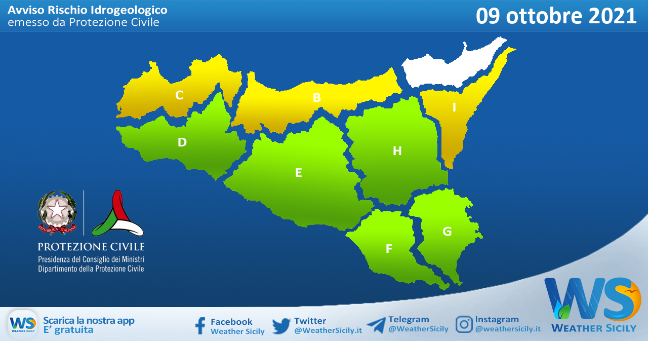 Sicilia: avviso rischio idrogeologico per sabato 09 ottobre 2021