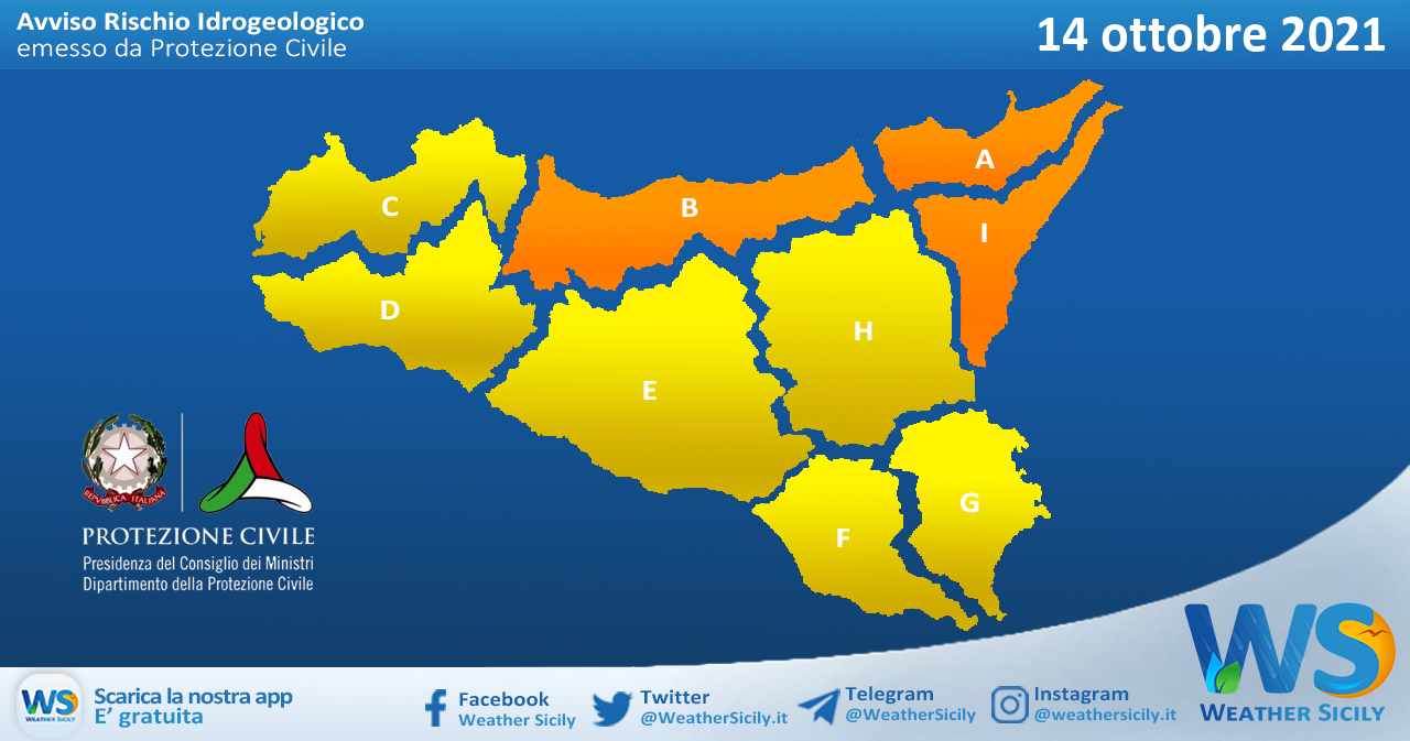Sicilia: emessa allerta meteo arancione tra palermitano, messinese e alto catanese per giovedì 14 ottobre 2021