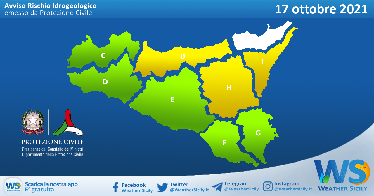 Sicilia: avviso rischio idrogeologico per domenica 17 ottobre 2021