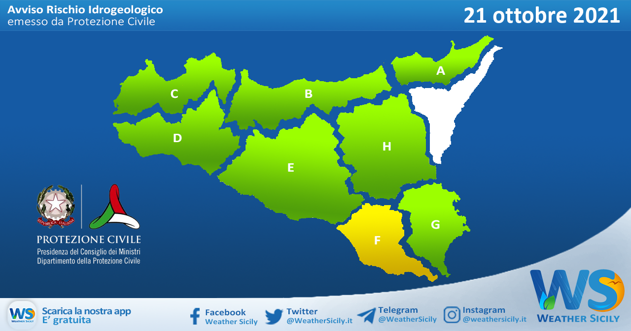 Sicilia: avviso rischio idrogeologico per giovedì 21 ottobre 2021