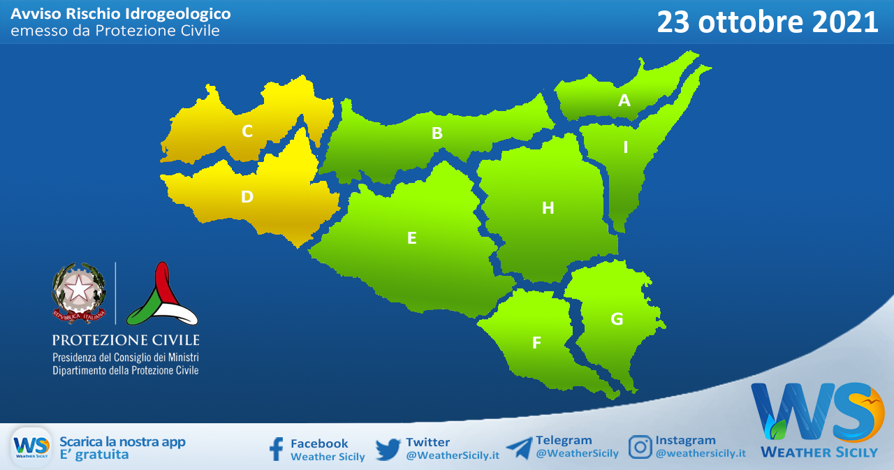 Sicilia: avviso rischio idrogeologico per sabato 23 ottobre 2021