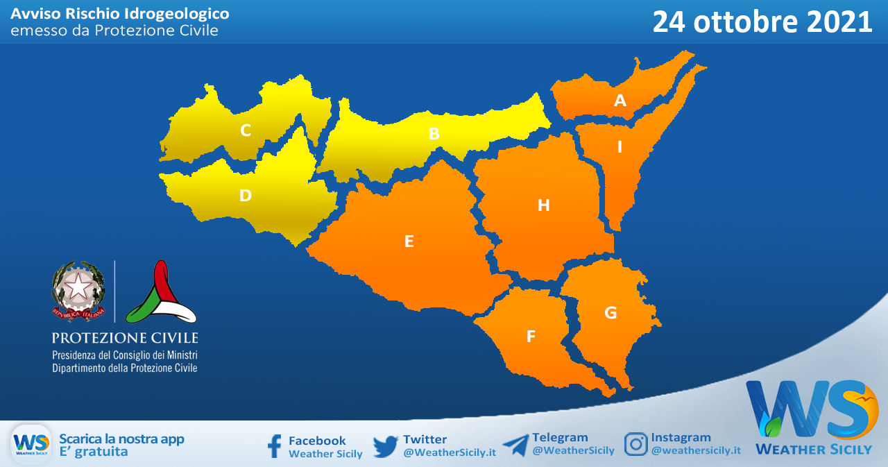 Emessa allerta meteo arancione su Sicilia centro-orientale per domenica 24 ottobre 2021