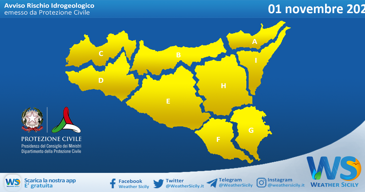 Sicilia: emessa allerta meteo gialla ovunque per lunedì 1 novembre 2021