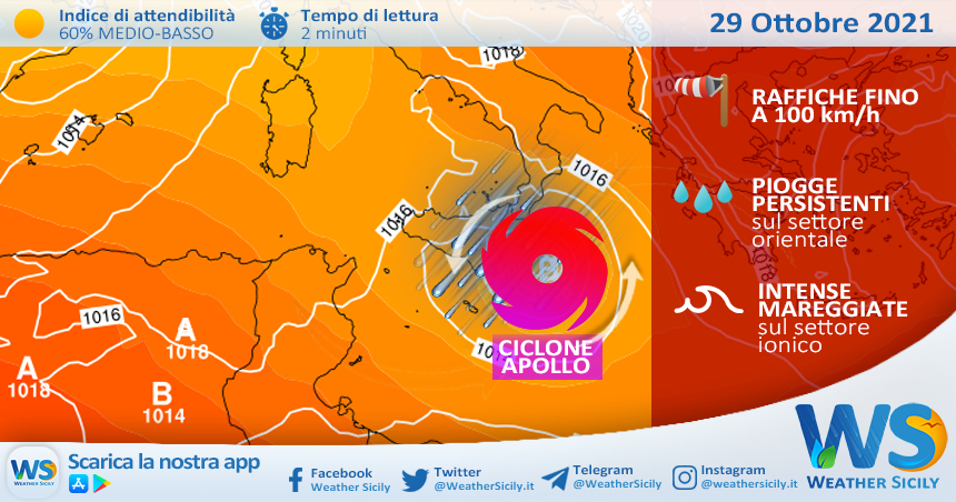 Sicilia, il ciclone Apollo si avvicina venerdì: attese piogge persistenti e forti venti.