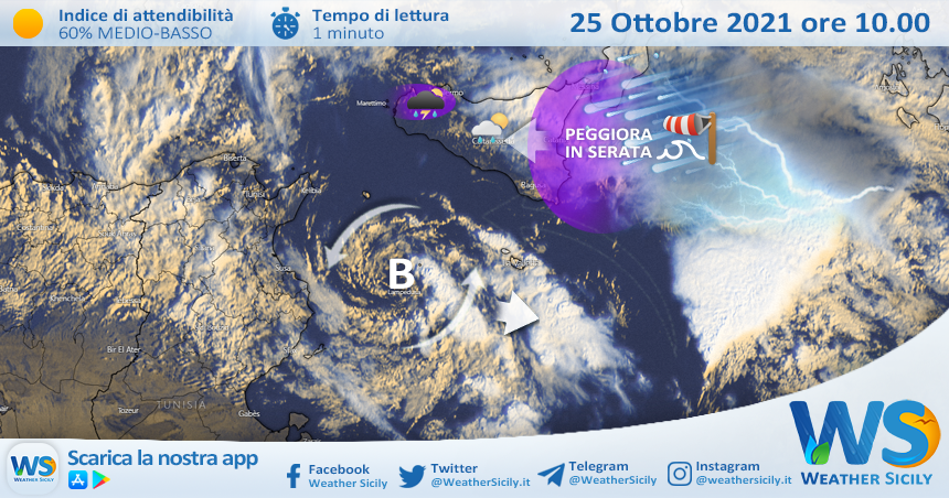 Ciclone sul Canale di Sicilia: nuovo peggioramento in serata ad est. Onde fino a 4 metri.