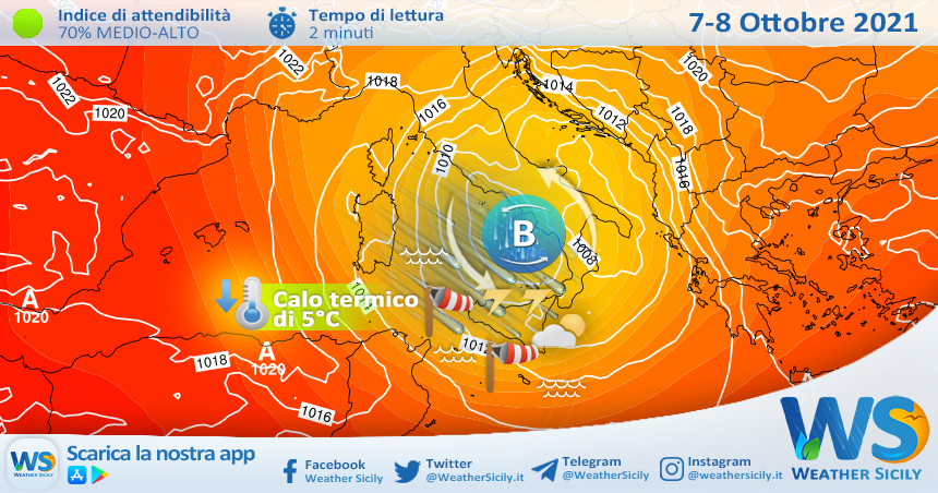 Sicilia, intensa perturbazione da giovedì: rovesci, temporali, forti venti e brusco calo termico. Attesa neve sull'Etna.