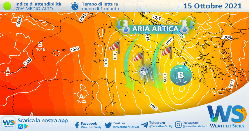 Sicilia, aria artica e ulteriore calo termico venerdì: possibili fiocchi fin i 1400 metri.