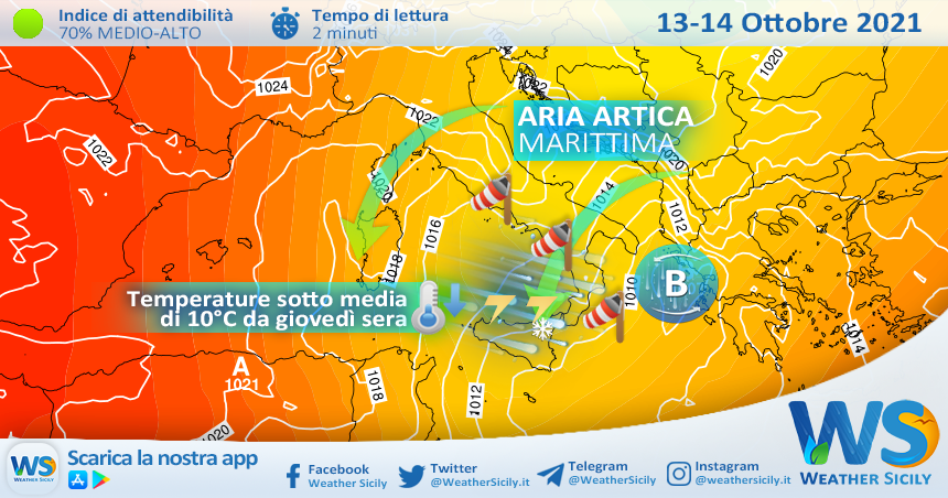 Sicilia, peggiora mercoledì: arriva una perturbazione invernale. Crollo delle temperature.