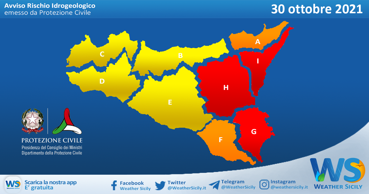 Prosegue l'allerta meteo rossa su parte della Sicilia orientale per sabato 30 ottobre 2021