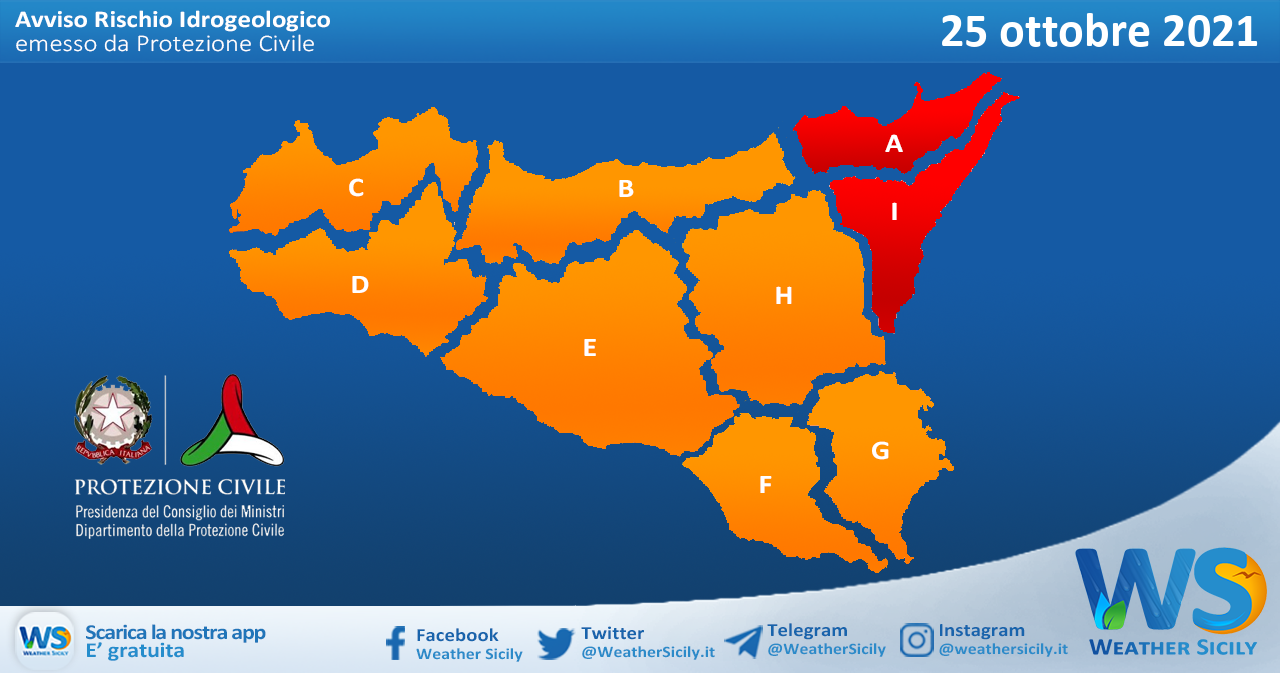 Sicilia: allerta rossa tra messinese e alto catanese per lunedì 25 ottobre 2021. Arancione altrove.
