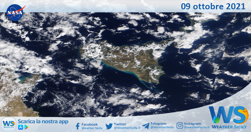 Sicilia: immagine satellitare Nasa di sabato 09 ottobre 2021