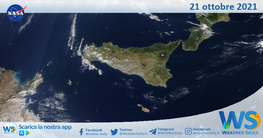 Sicilia: immagine satellitare Nasa di giovedì 21 ottobre 2021