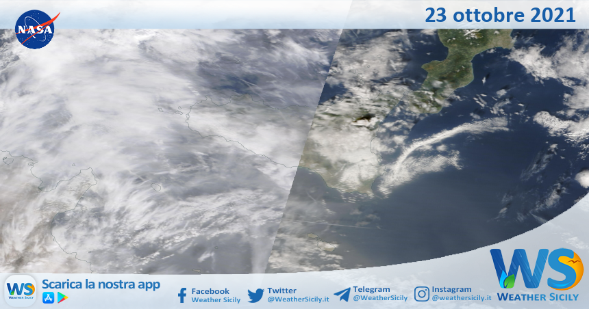 Sicilia: immagine satellitare Nasa di sabato 23 ottobre 2021