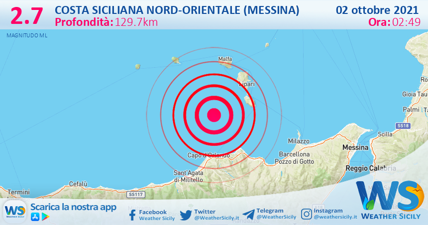 Sicilia: scossa di terremoto magnitudo 2.7 nei pressi di Costa Siciliana nord-orientale (Messina)