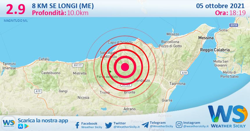 Sicilia: scossa di terremoto magnitudo 2.9 nei pressi di Longi (ME)