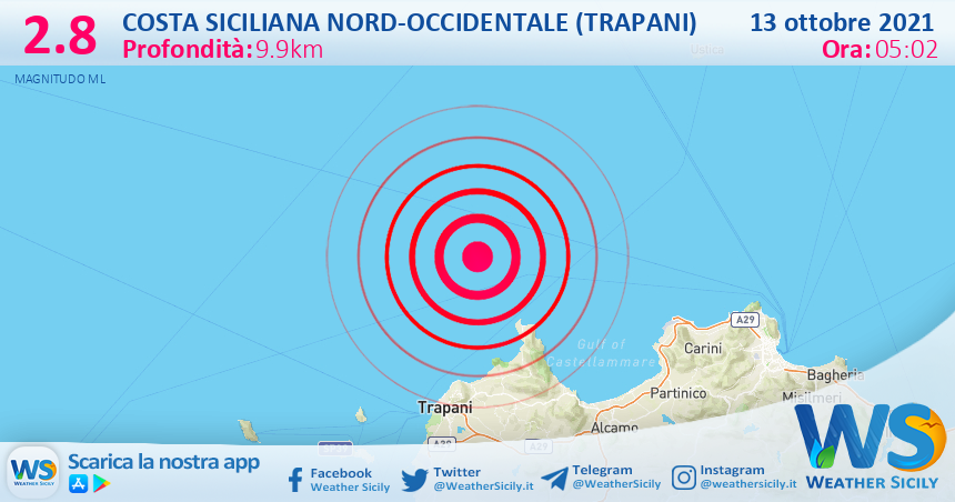 Sicilia: scossa di terremoto magnitudo 2.8 nei pressi di Costa Siciliana nord-occidentale (Trapani)