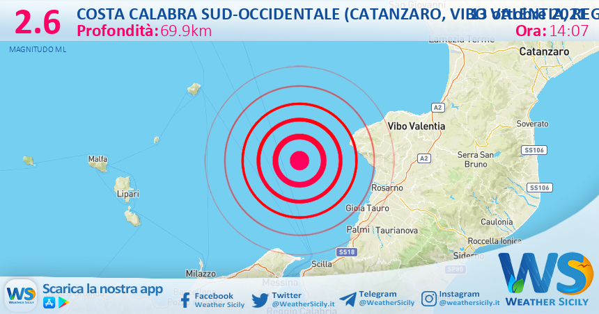 Sicilia: scossa di terremoto magnitudo 2.6 nei pressi di Costa Calabra sud-occidentale (Catanzaro, Vibo Valentia, Reggio di Calabria)